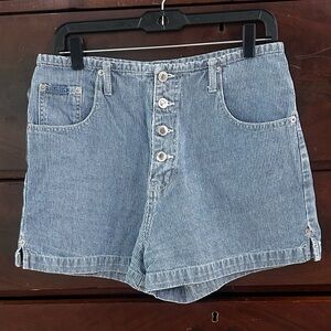 Route 66 Women's 13/14 Blue Striped High Rise Button Fly Jean Shorts Y2K Train